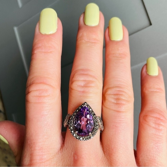 Amethyst, Marcasite Teardrop Sterling Silv. PJ Designer Ring February Bi… - Picture 6 of 12